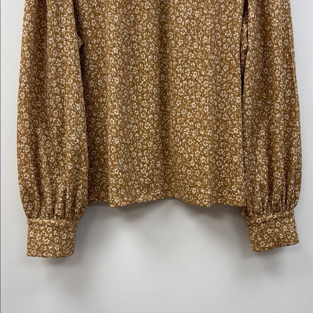 Ann Taylor LOFT Floral Woven Gauze Puff Sleeve Peasant Popover Blouse Tan Large